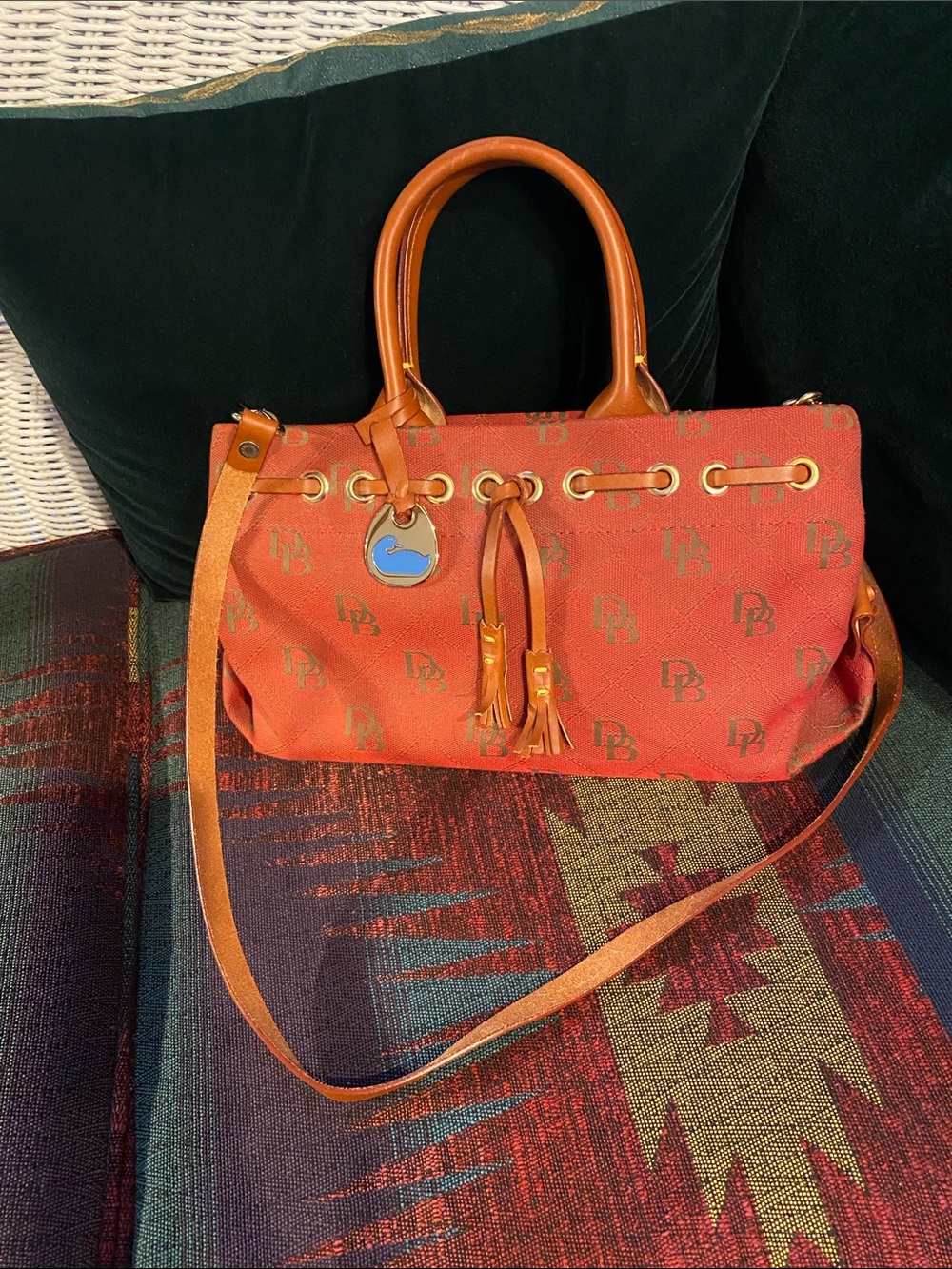 Dooney & Bourke Orange Logo Satchel with Tan Leather Trim
